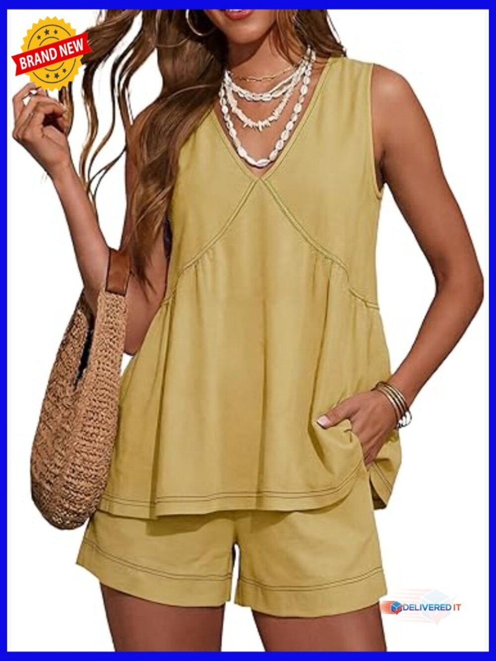 Sleeveless V Neck Ruffle 2 Piece Set Tunic Top Shorts Summer Boho Casual Beach